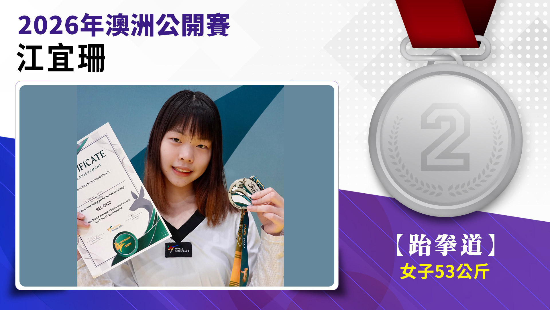 江宜珊選手榮獲2026年澳洲公開賽女子-53公斤級銀牌