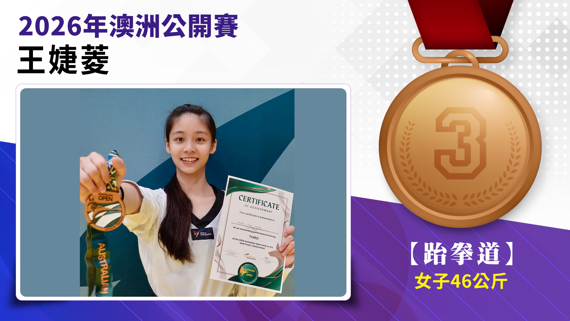 王婕菱選手榮獲2026年澳洲公開賽女子-46公斤級銅牌