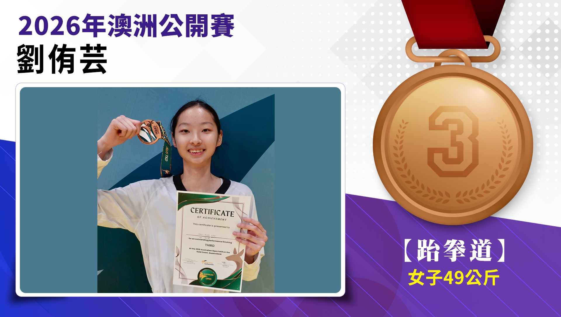 劉侑芸選手榮獲2026年澳洲公開賽女子-49公斤級銅牌