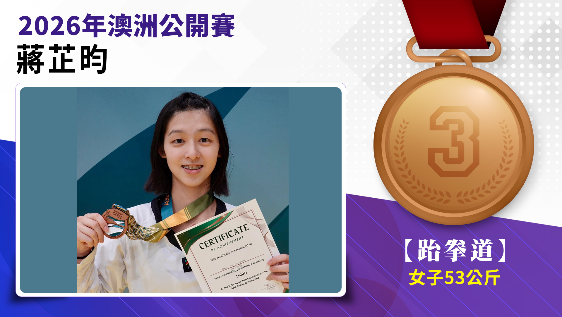 蔣芷昀選手榮獲2026年澳洲公開賽女子-53公斤級銅牌