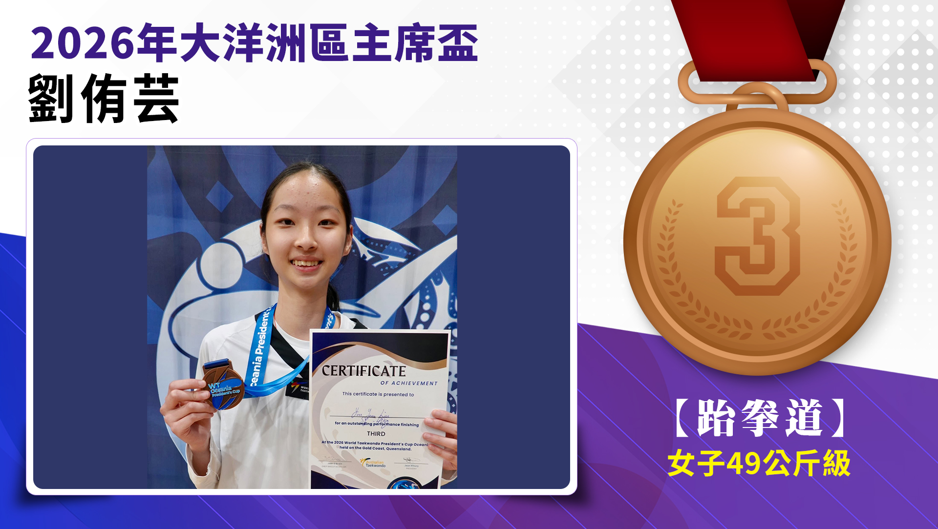 劉侑芸選手榮獲2026年大洋洲區主席盃女子-49公斤級銅牌